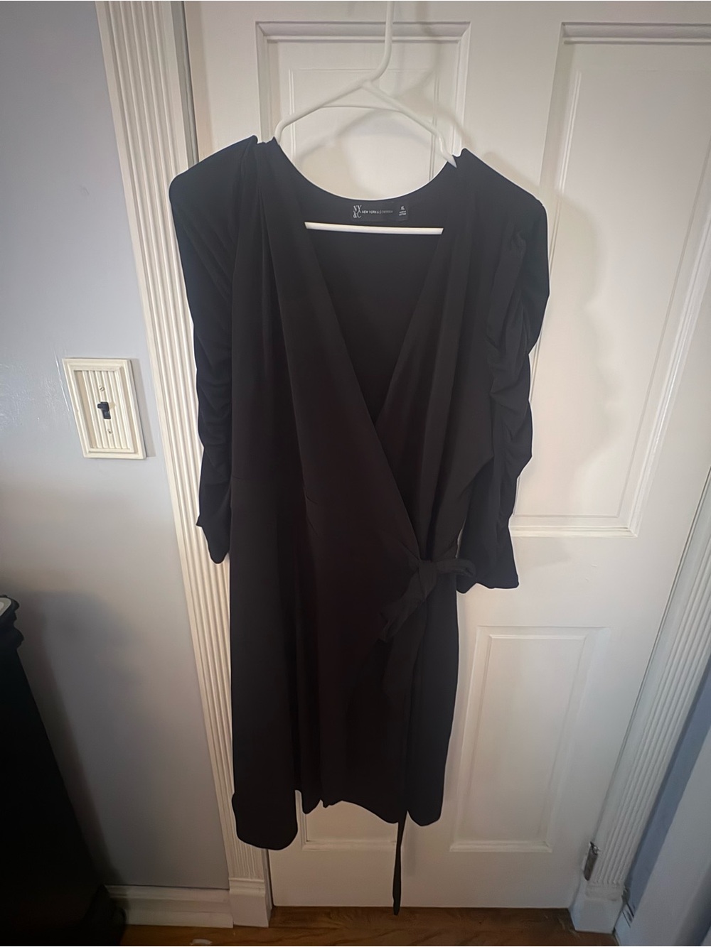 New York & Company Black Wrap Dress with Ruched Long Sleeves